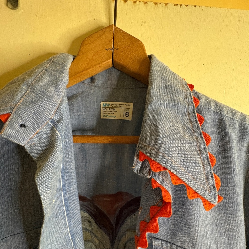 Vintage JC Penney Chambray Denim Owl Shirt Sz 16 Novelty Buttons Ric Rac Trim - Picture 5 of 7